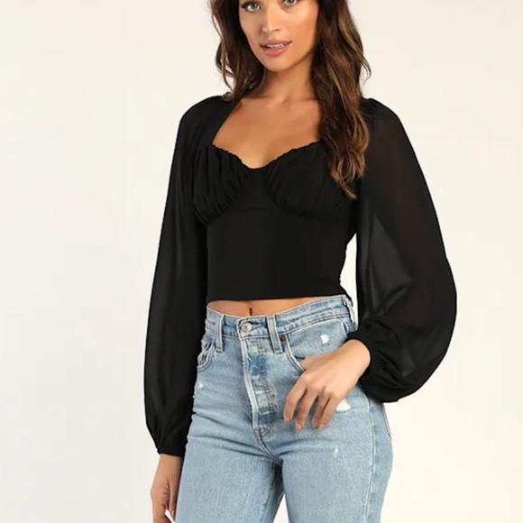 Lulus Alluring Flirt Black Long Sleeve Crop Top - Size S - Picture 3 of 4
